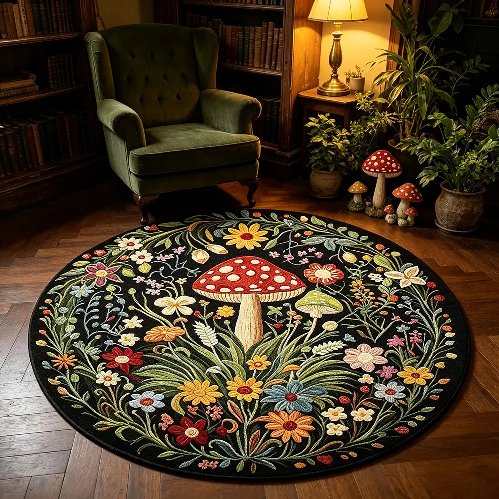 Vintage Forest Mushroom Floral Round Living Room Rug, American Country Style, Non-Slip Washable Carpet for Sofa, Coffee Table, Indoor Decor