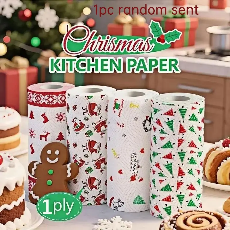 Christmas Kitchen Paper, Thick Three-Ply Roll, Disposable Kitchen Cleaning Paper, Random Style, Christmas Gift, Decorative Napkins, Household Items