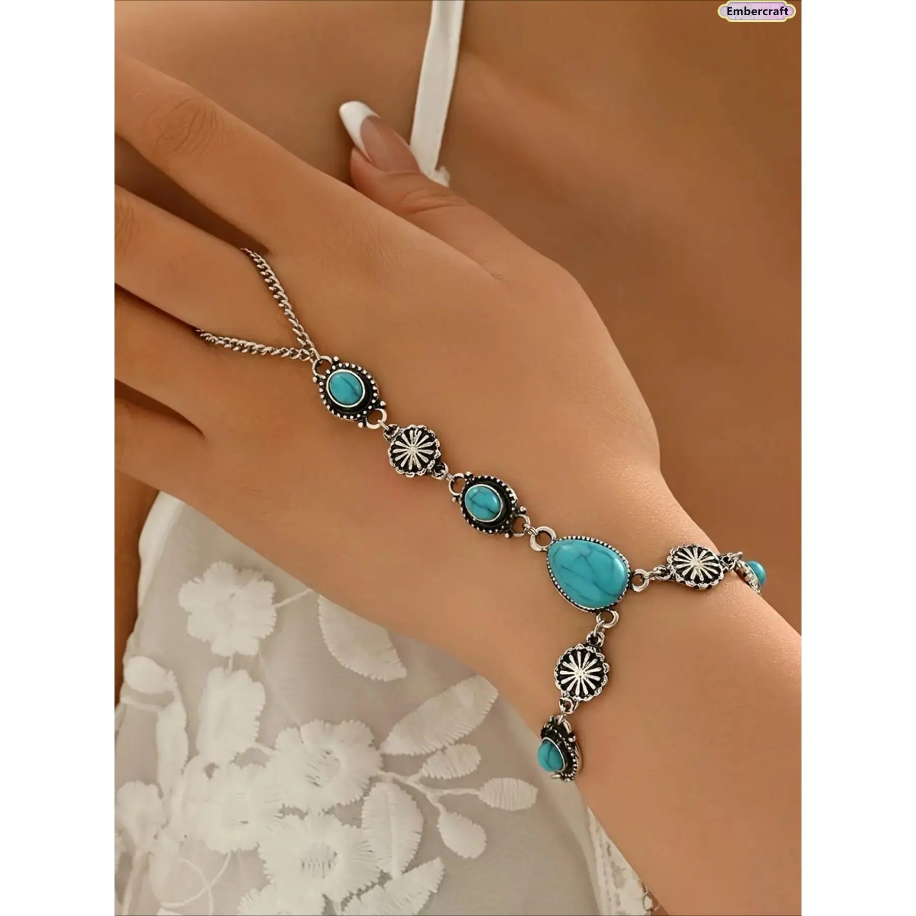 Ethnic Alloy Cuff Bracelet for Women, Vintage Boho Statement Jewelry with Oval Faux Turquoise & Water Drop Charms for Festivals, Accessories For Women, Stylish Accessories, Arm Candy Accessories