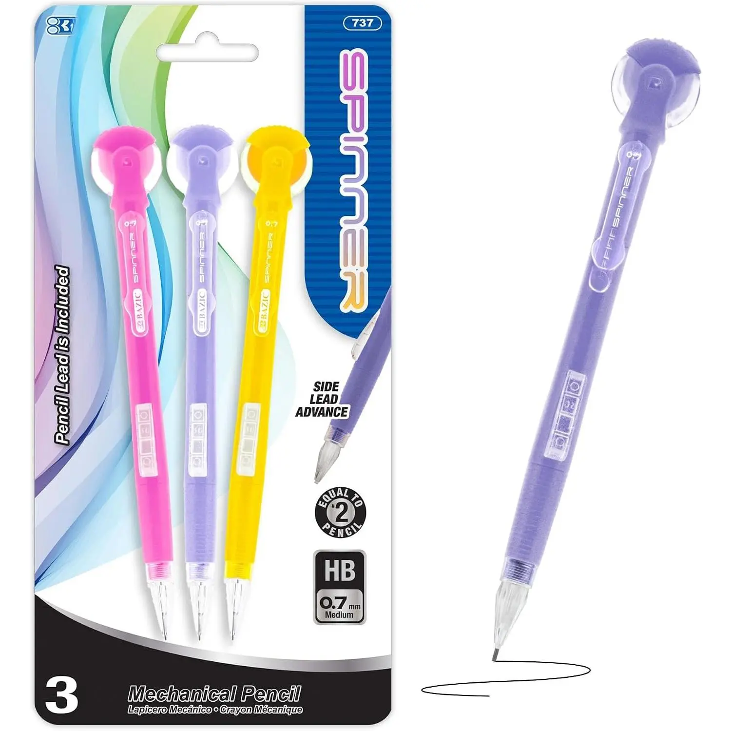 0.7 mm Mechanical Pencils, Spinner Eraser, HB Lead, 3 Count | spinner top eraser, click-advance, refillable, school, office, tests, fidget writing