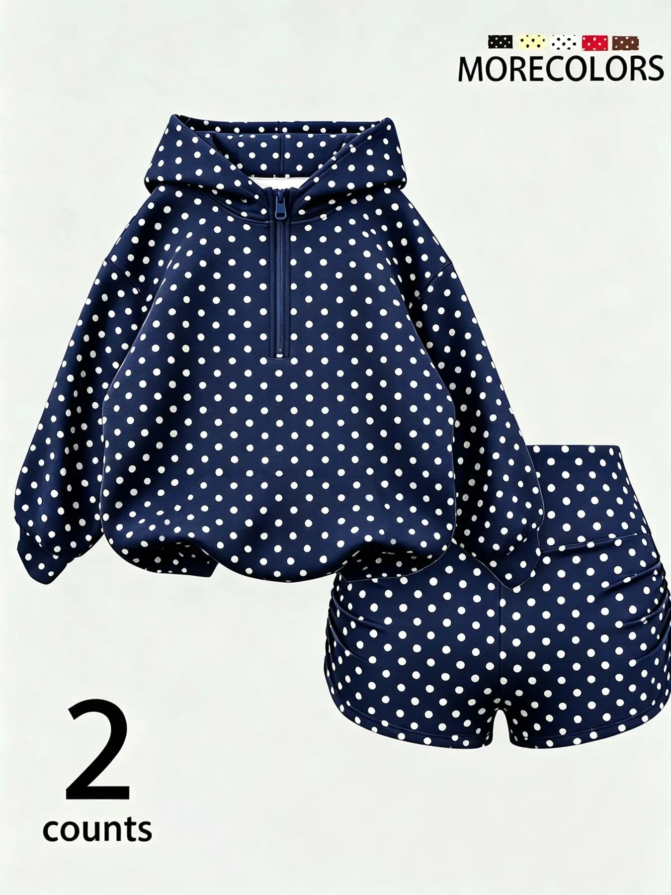 French Polka Dot Hoodie Shorts Set for Women, Loose Fit Casual, High Waist Drawstring Shorts, Fall & Winter Fashion