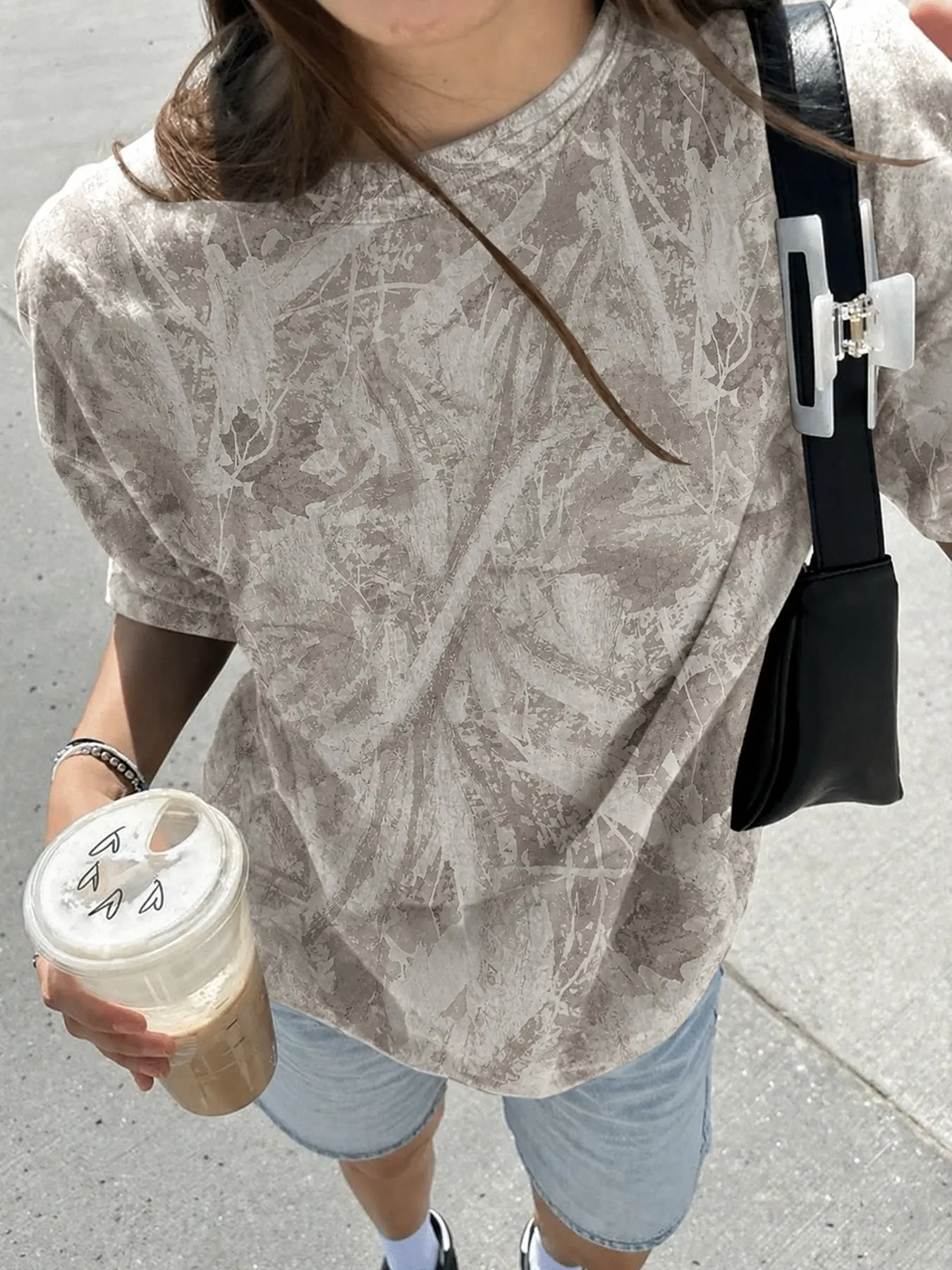 Women's Fashion Street Style Camo T-Shirt, Streetwear Vintage Washed Leaf Print Loose Fit Oversize Round Neck Short Sleeve Top, Soft Breathable Summer Casual Wear Everyday