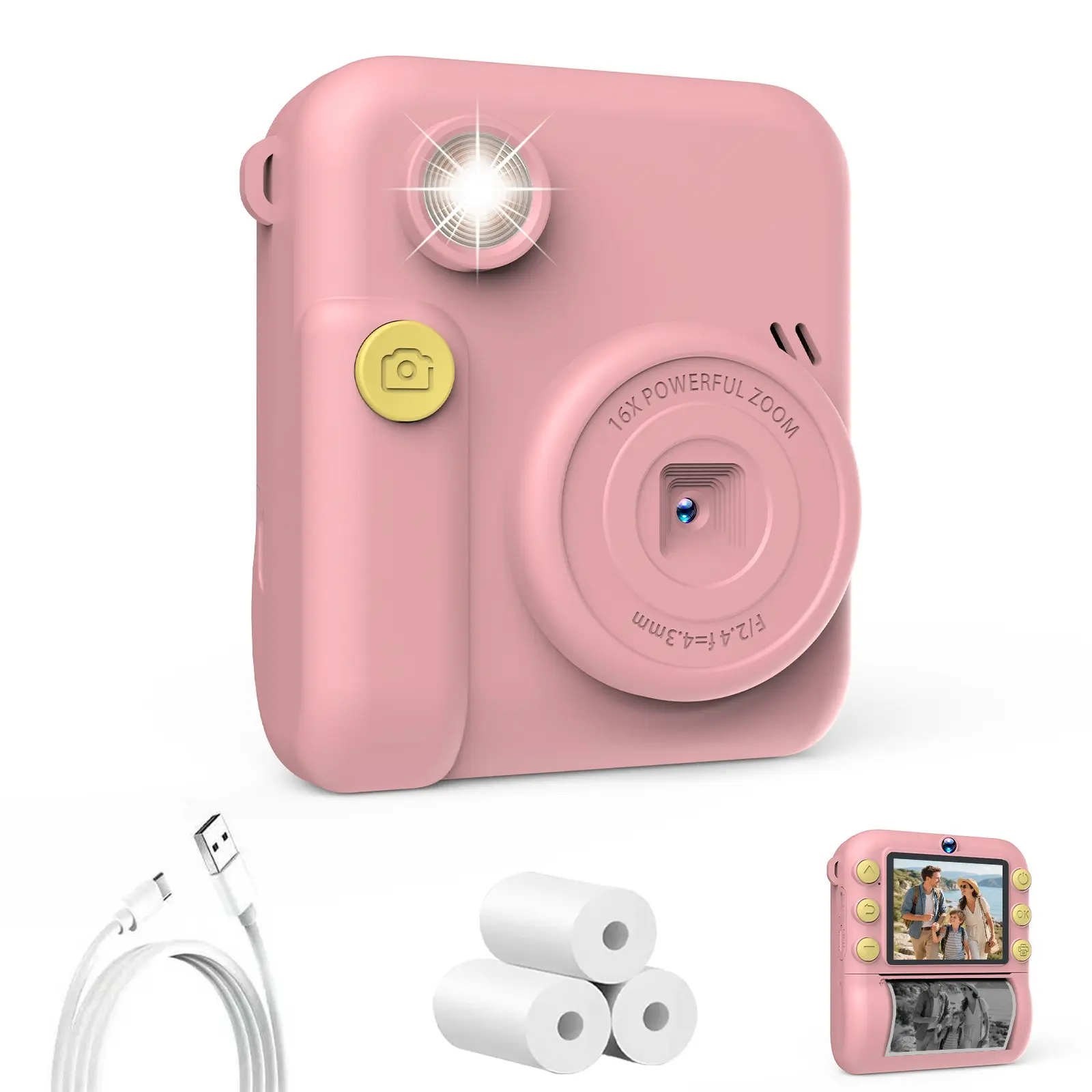 Digital Camera with Instant Print, Selfie Function, 3 Rolls of Paper, Dual Cameras, Charging Strap, Suitable for Ages 4+