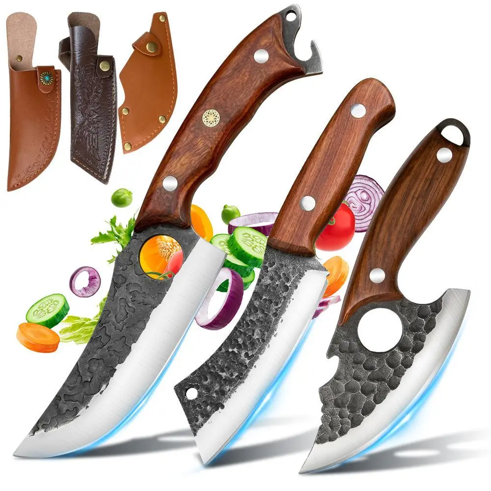 3PCS Kitchen Knife Set with Leather Sheaths, Forged Stainless Steel Chef Knives, Butcher Knife, Carving Knife & Paring Knife with Wood Handle for BBQ, Camping#DealsForYouDays