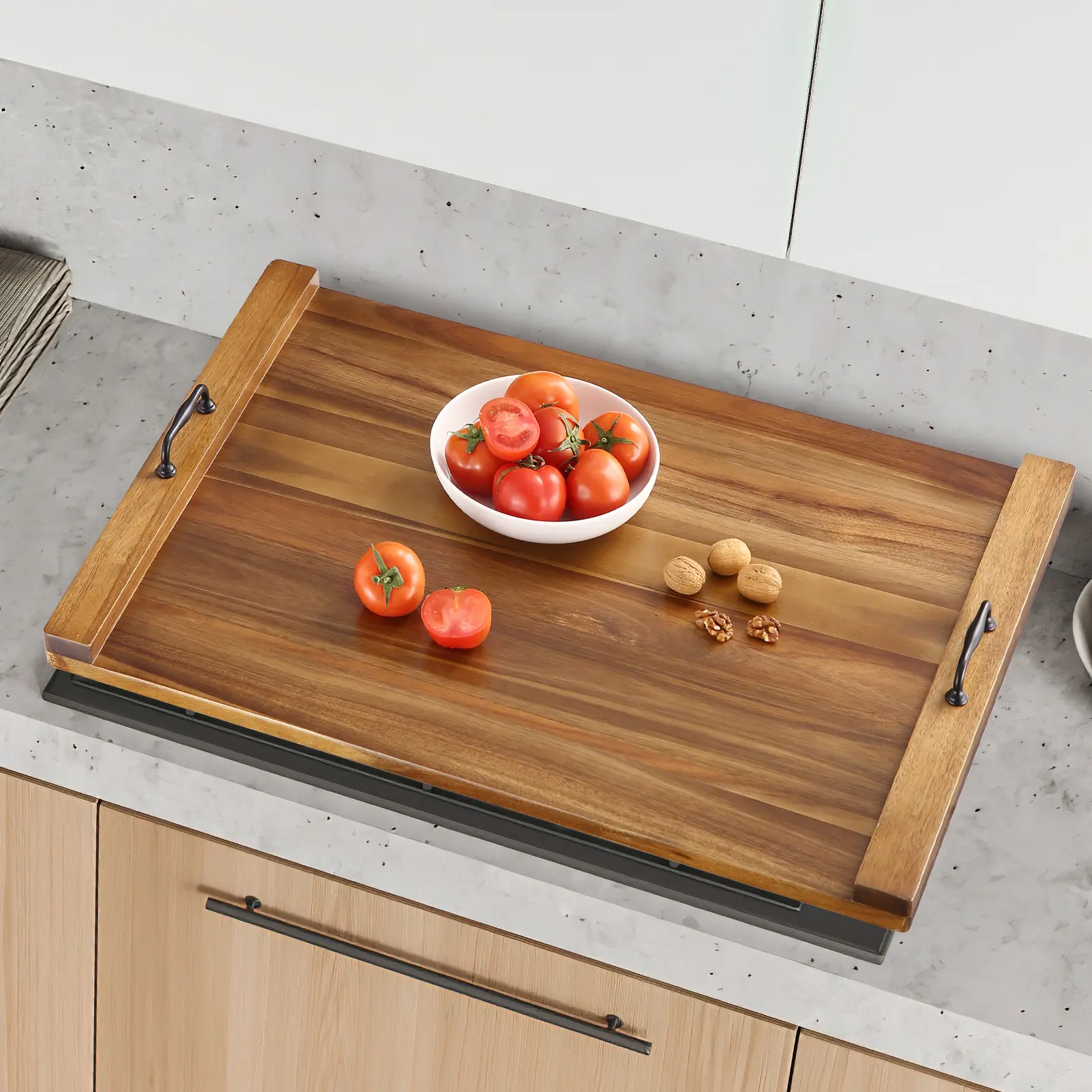 30x22 Acacia Wood Noodle Board Stove Top Cover with Handles, Fits Electric & Gas Stoves, Extra Thick Counter Space Saver, RV Stovetop & Kitchen Sink Cover, Rustic Serving Tray