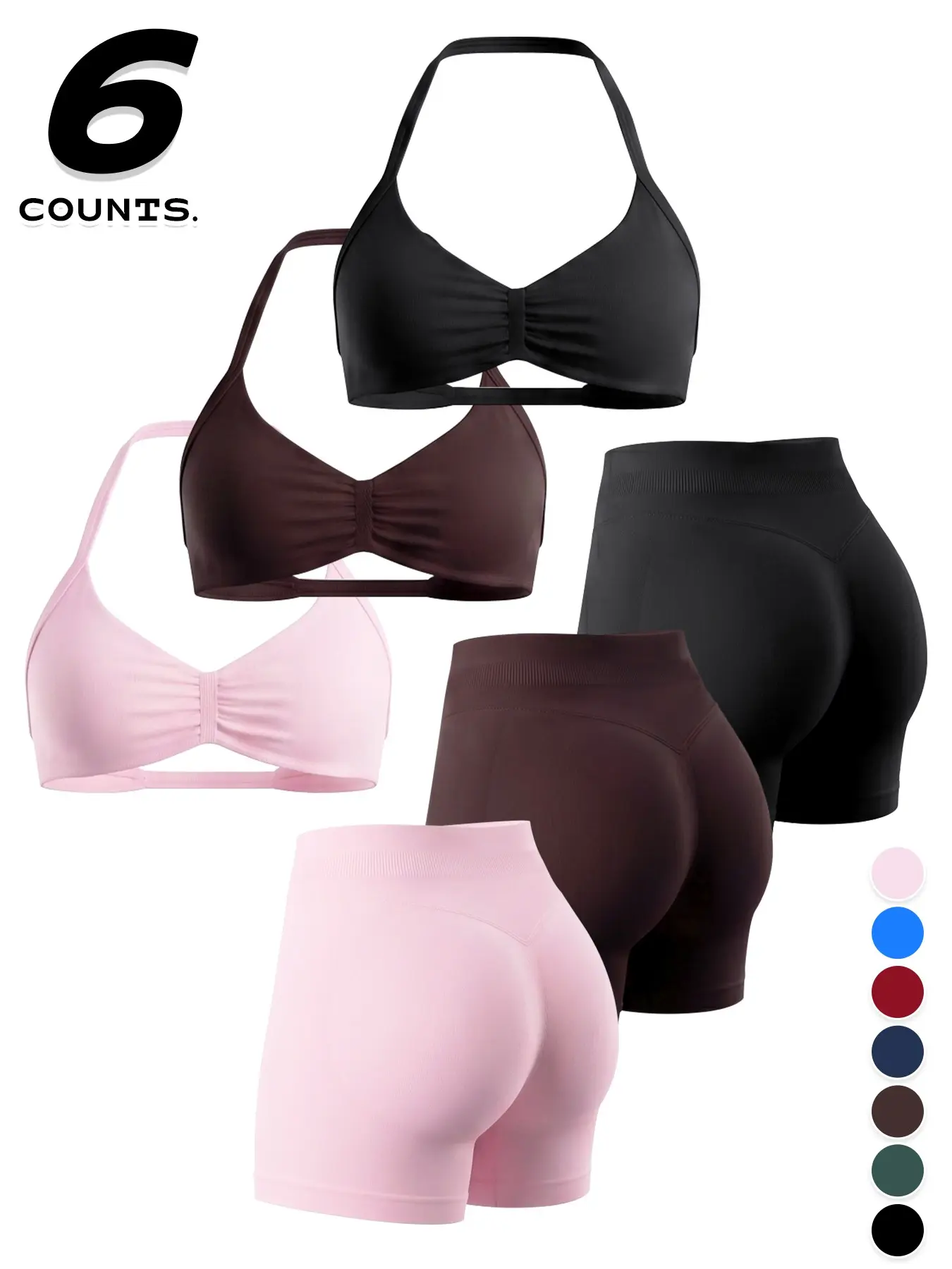 6-Piece Women's Summer Crop Top & Shorts Set, Seamless Shaping Sportswear For Gym, Strong Support, High Elasticity, Sexy Slim-Fit Style, Bodycon Workout Set, Gym Workout Sets