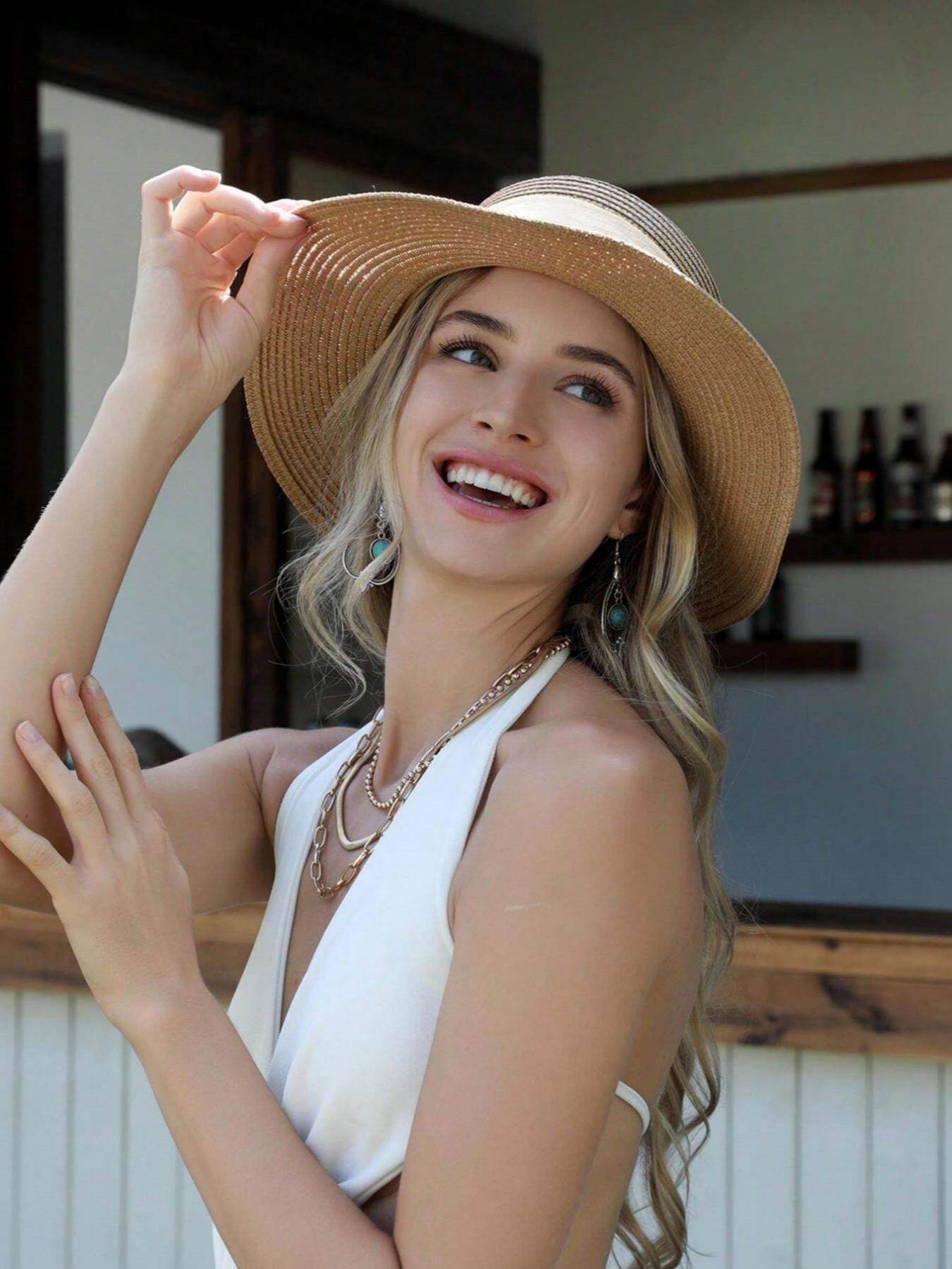 Women's Sun Hat, Foldable Wide Brim Straw Hat, Casual Sun Protection Beach Hat for Women & Girls, Fashion Accessories for Traveling & Beach Party