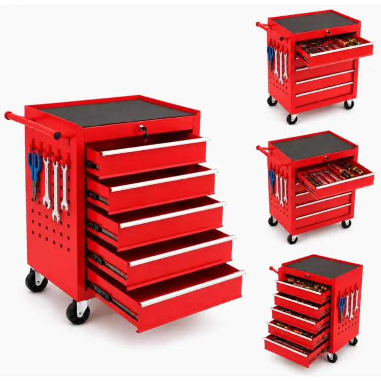 5-Drawer Rolling Tool Chest – Ball-Bearing Slides, Central Lock – Heavy Duty Steel Cart – 8 Hooks & EVA Pad – for Garage/Workshop – Mobile Workbench