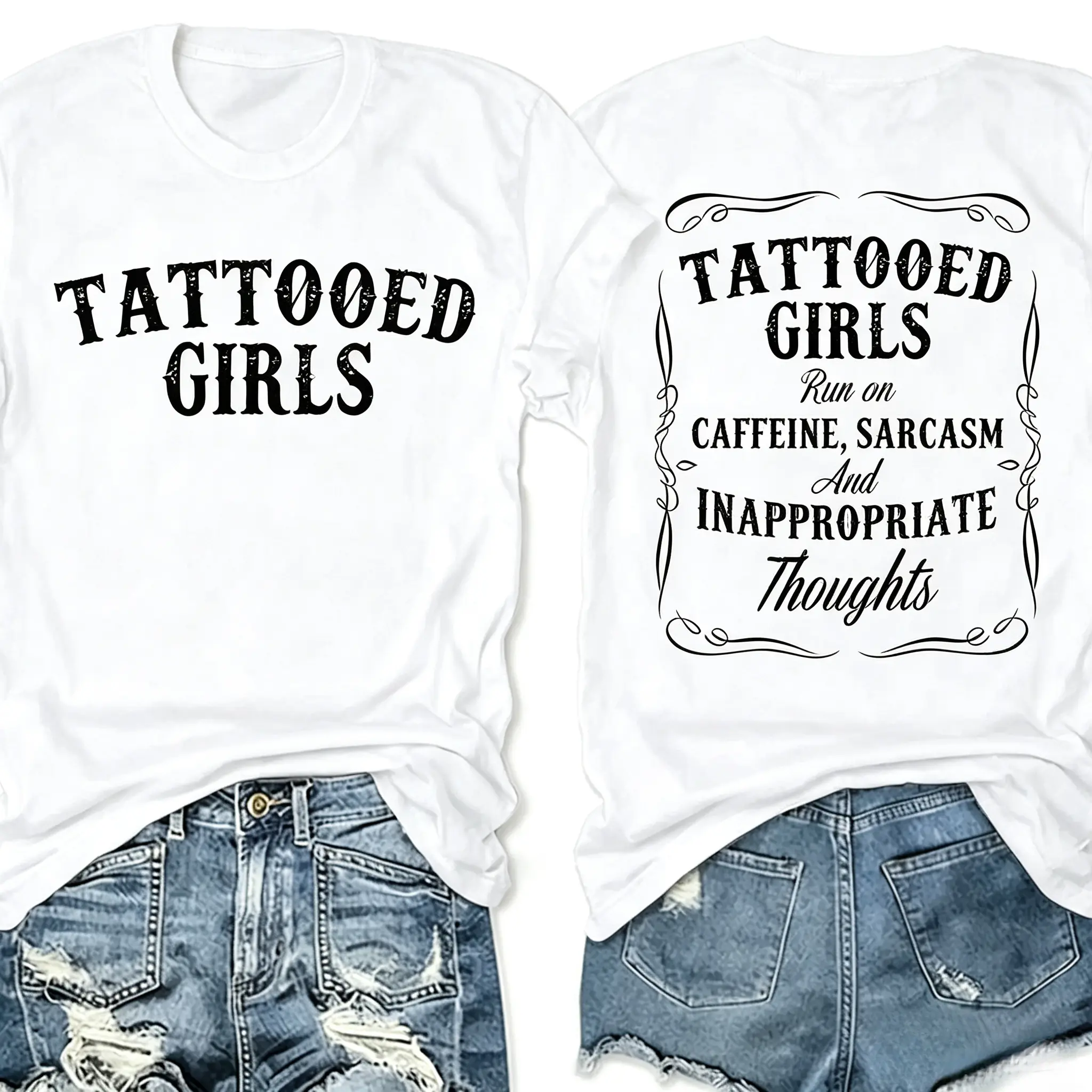 Women's Tattooed Girls Print Round Neck Tee, Vintage Trendy Casual Chic Minimalist Short Sleeve T-shirt for Daily Wear, Ladies Summer, Top, Streetwear, Womenswear Oversized Apparel Tshirt