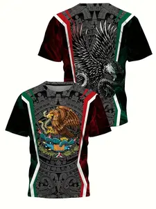 Men's Vintage Mexican 3D Printed T-Shirt, Eagle & Snake Aztec/mayan Cultural Style, Breathable Polyester, Round Neck Short Sleeve, Summer Casual Top, Casual Streetwear Looks, Menswear