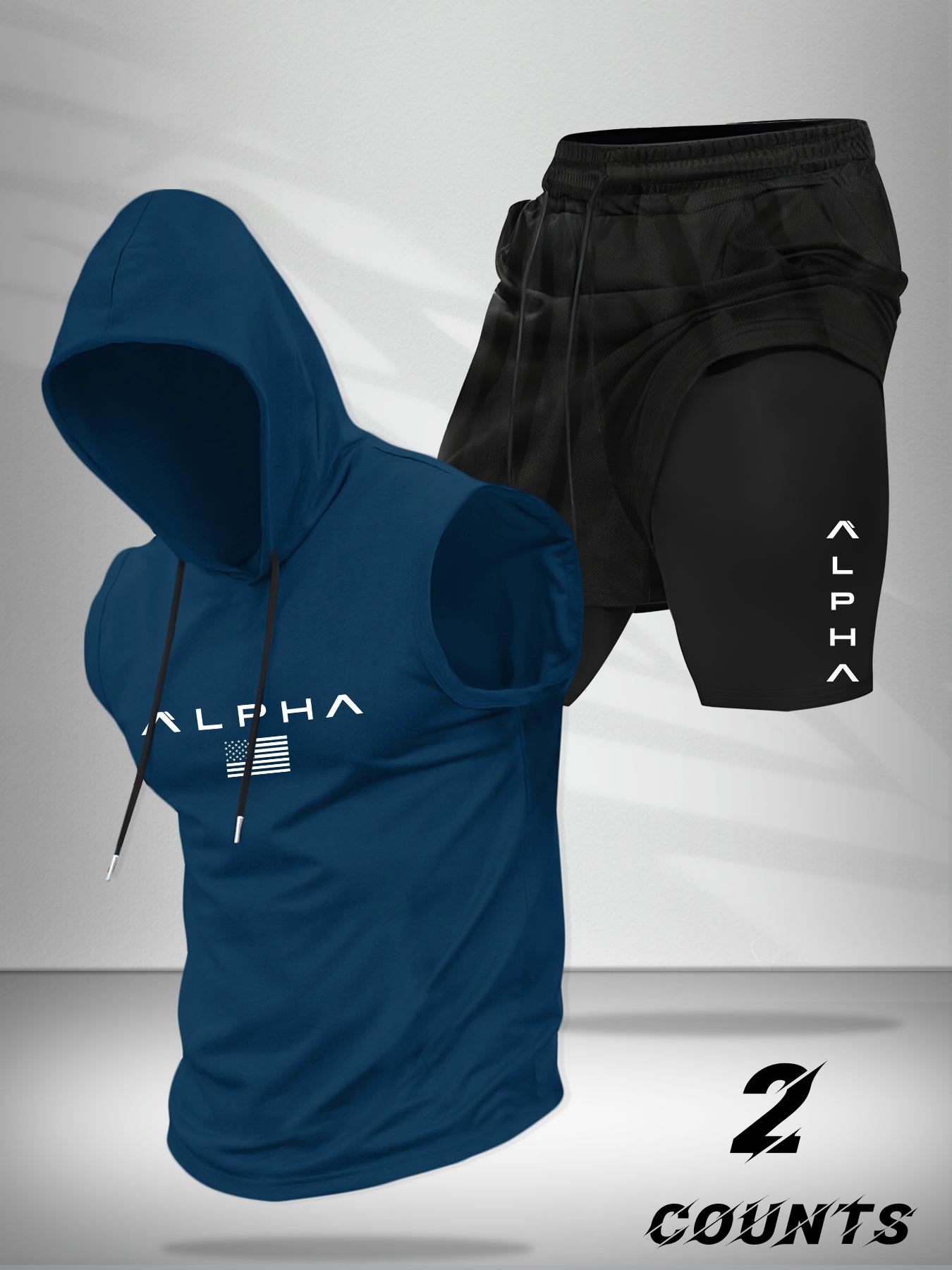 Hooded Vest and Gym Shorts Two-Piece Set, Casual Summer with Letter Pattern, Fitted Knitted Sportswear for Active Lifestyle, Sportswear Running Fitness, Workout Running Clothes, Streetwear Tracksuit Set