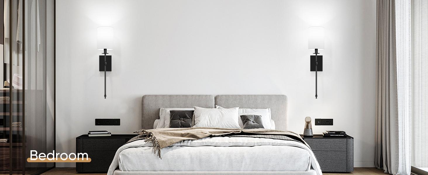 24.8in Set of 2 Wall Sconces with Remote Control, Indoor Not Hardwired Dimmable Wall Lamps with White Fabric Shade, Rechargeable Wireless wall lights For Bedroom, 2 Bulbs Included