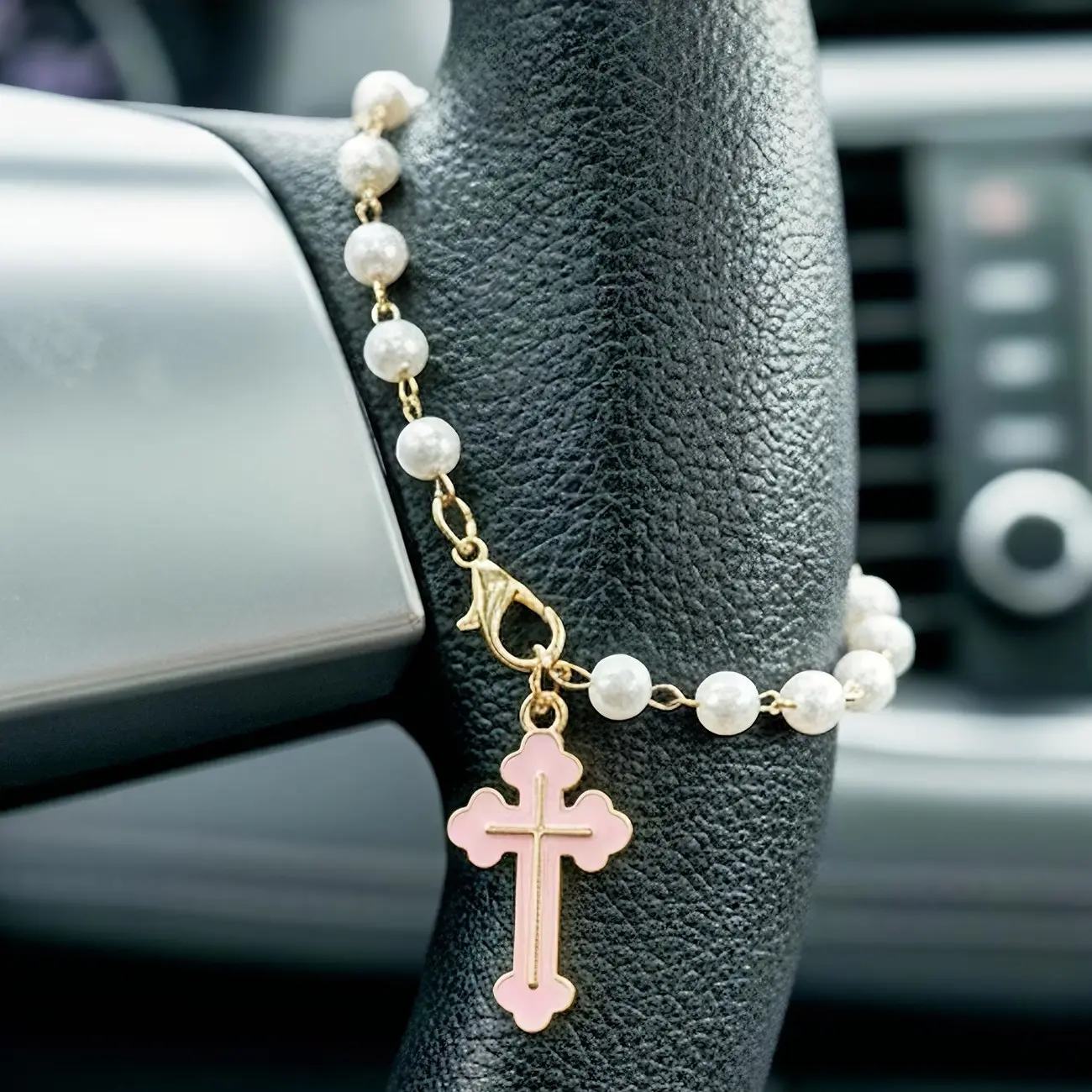 Elegant Pearl Cross Car Interior Hanging Ornament, Soft Vehicle Decor, Unisex Car Accessories, 1pc Stylish Design