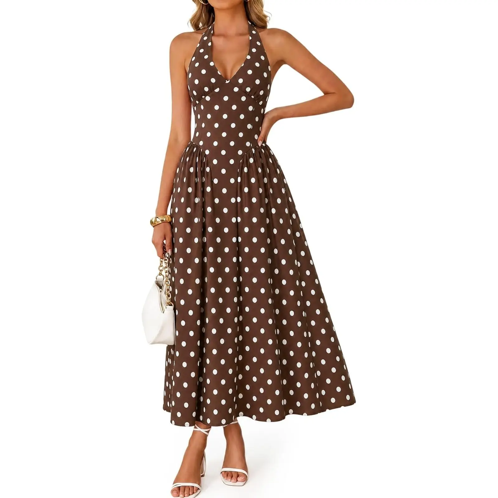 Wenrine Women's Polka Dot Sleeveless Halter V-Neck Corset Smocked Drop Waist Maxi Dress - Wedding Guest, Baby Shower, Birthday Gown, Casual Wear Option, Halter Neckline Dress for Women