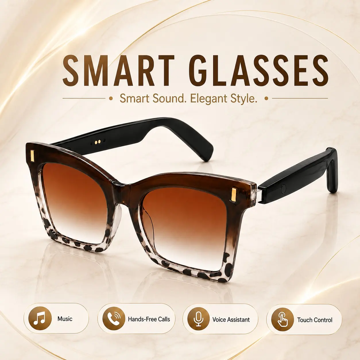 Smart Glasses, Fashion Bluetooth Audio Glasses with Open-Ear Sound, Touch Control, Hands-Free Calls and Remote Camera Shutter