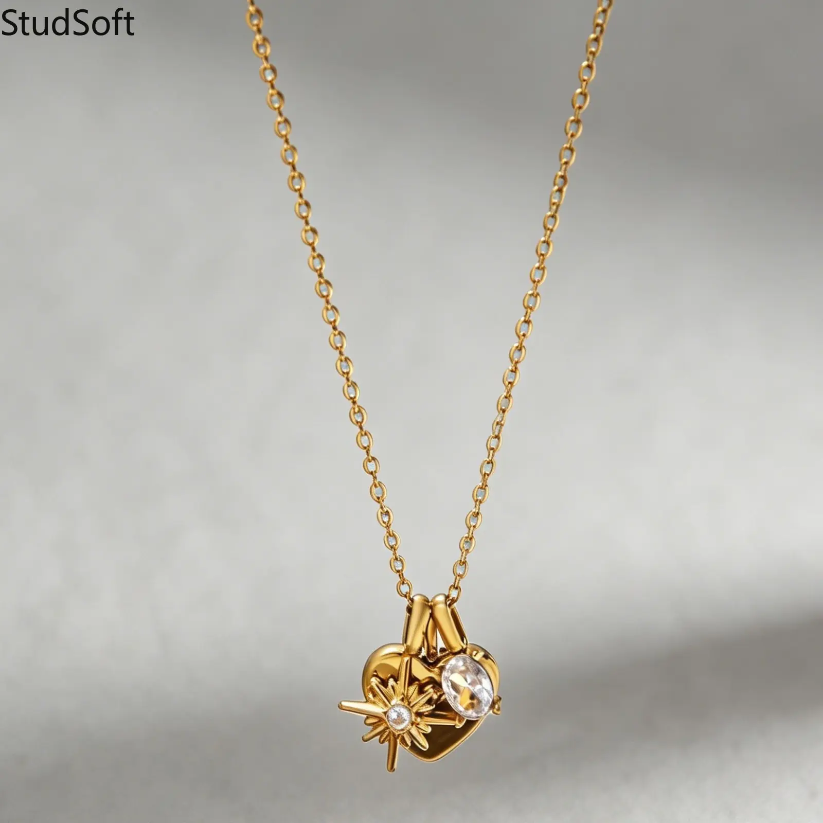 Minimalist 18K Gold Plated Heart Necklace for Women Multi Charm Starburst CZ Pendant Choker Waterproof Stainless Steel Cable Chain Daily Jewelry
