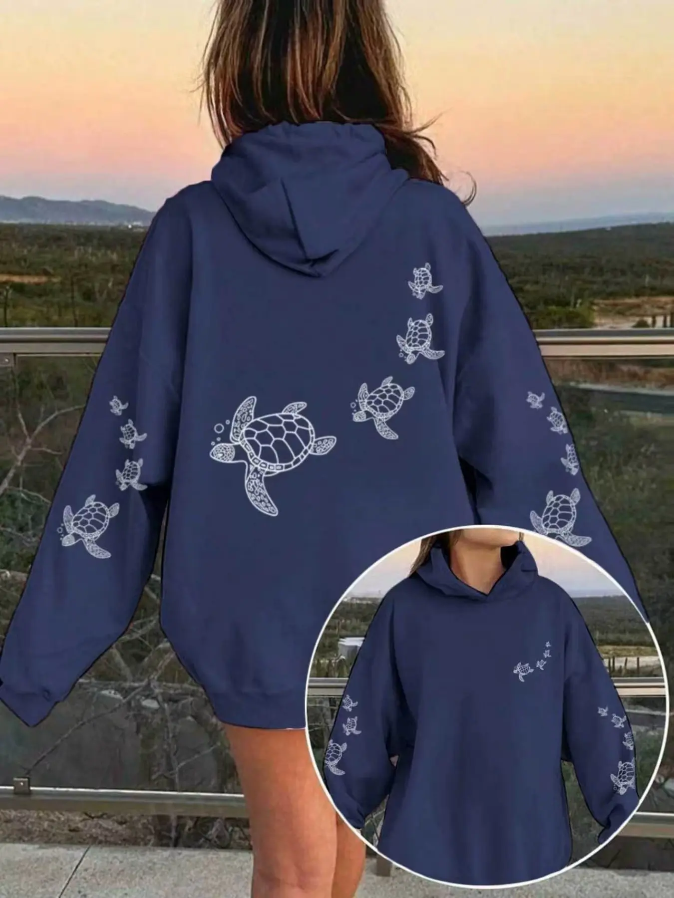 Women's Beach Vacation Style Turtle Pattern Hoodie, Loose-Fitting Casual Sweatshirt, Fall & Winter Fashion, Unlined Design, Tops