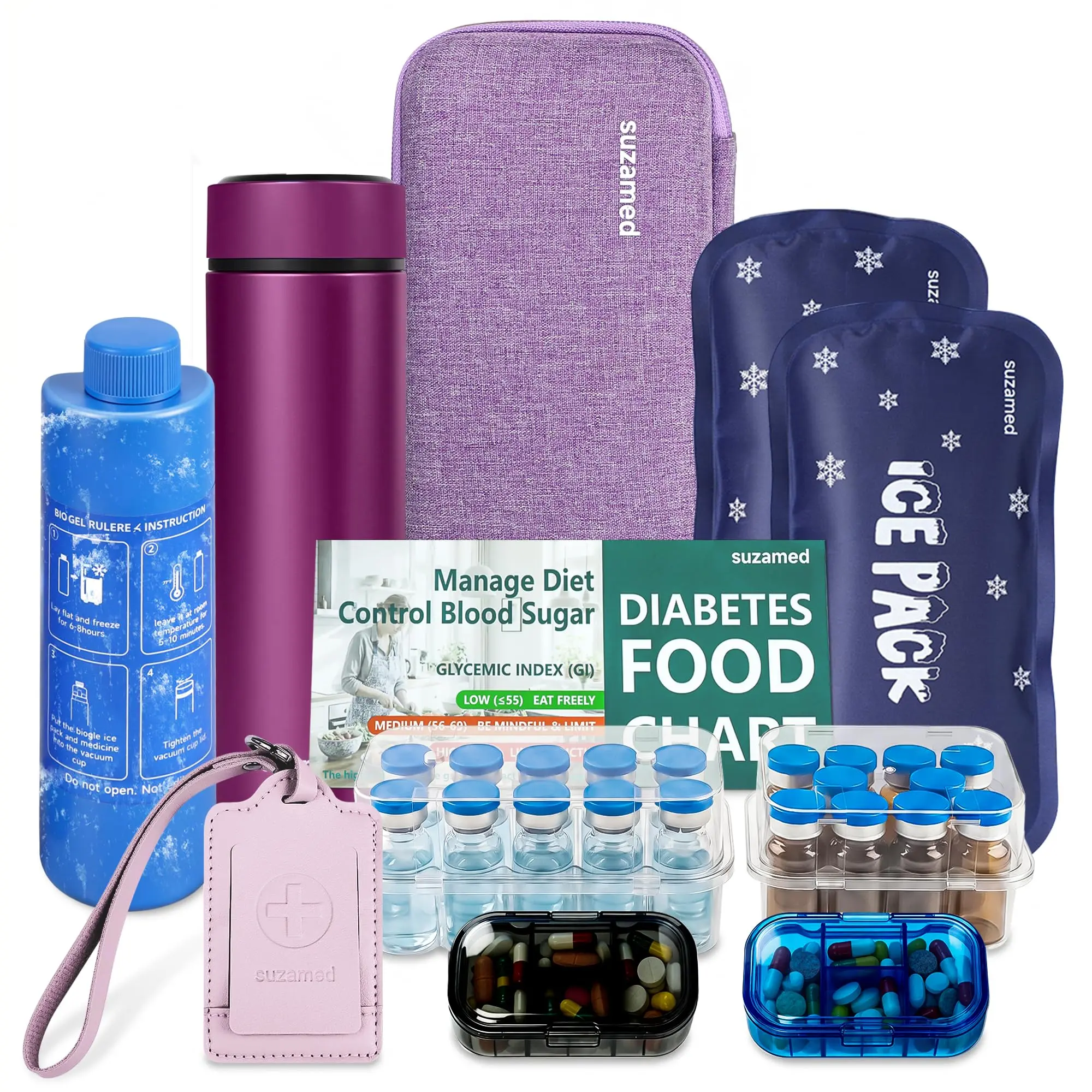 Suzamed Stainless Steel Insulin Cooling Travel Case - TSA Approved Compact Diabetes Care Gift with 11PCS Multiple Items, Carry Bag, Vacuum Bottle, Ice Pack, Peptide Case, Med Organizer, ID Tag & GI List for Daily Use & Trips