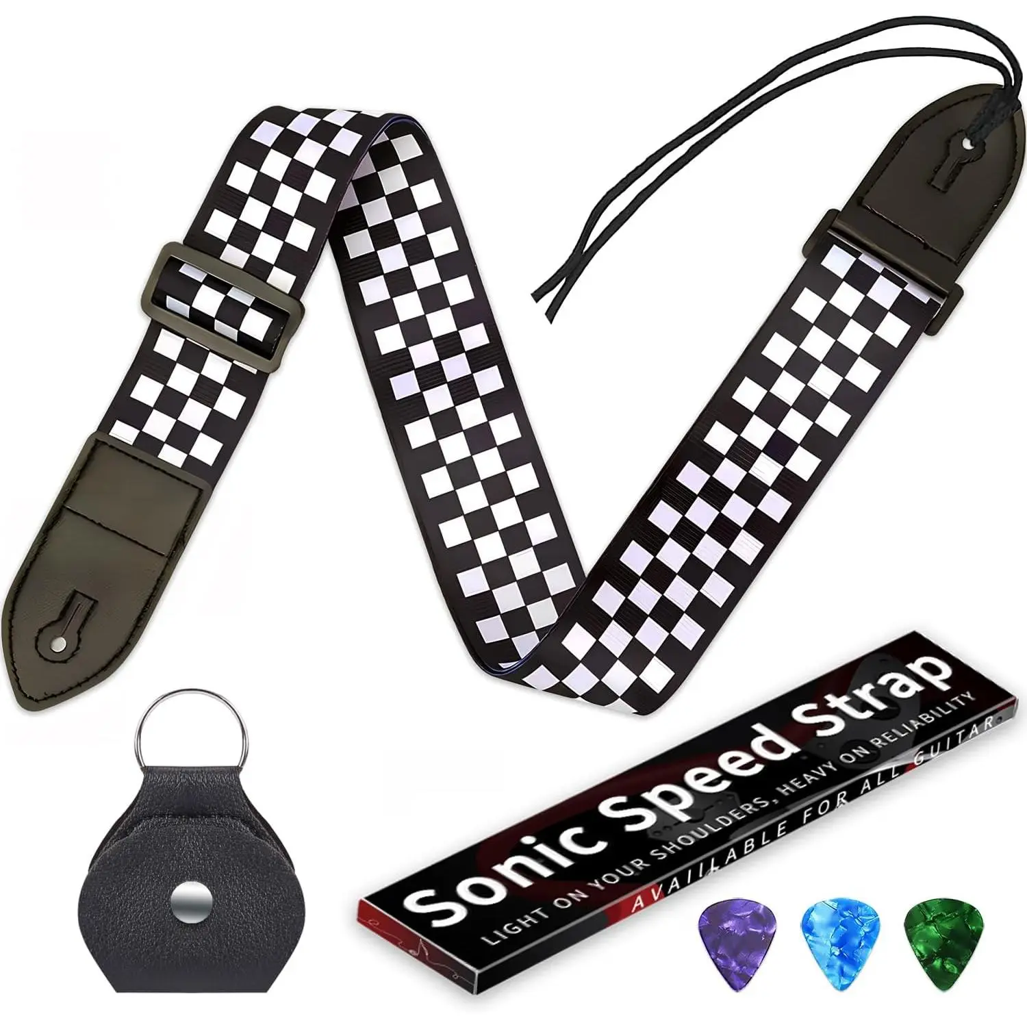 Guitar Strap,Acoustic Electric Guitar With Leather Pick Box and 3 count Picks Guitar Accessories, for  Guitars(Black White Grid)