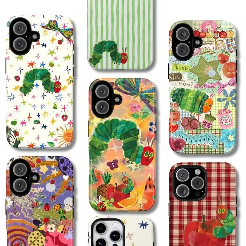 Cute Caterpillar Patch Mobile Phone Case Collection, featuring Apple and butterfly patterns, suitable for iPhone 17 Pro Max, Air 16, 15, 14, 13, 12, 11 Pro Max Plus / Samsung Galaxy, S25, S26, S24 Ultra, FE, Glossy phone case patriotic decor