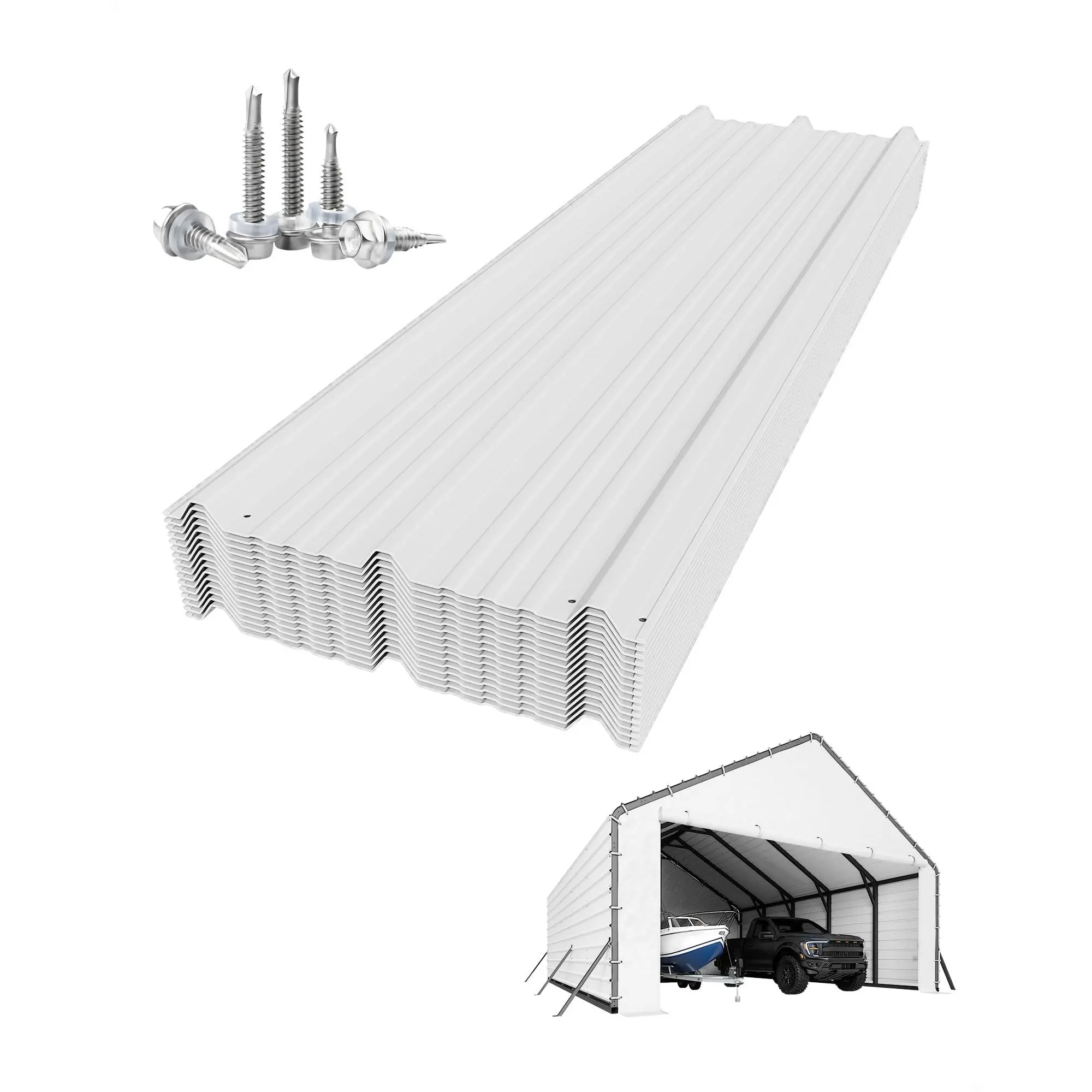 16 Pcs Roofing Panels for Metal Carport 20x25 ft, 20x20 ft, Heavy Duty Metal Carport Kits, 27 Ga. Galvanized Steel Ribbed Panels, Outdoor Garage, RV Shelter, Patio Awning Replacement , 60.23 in x 19.68 in, White