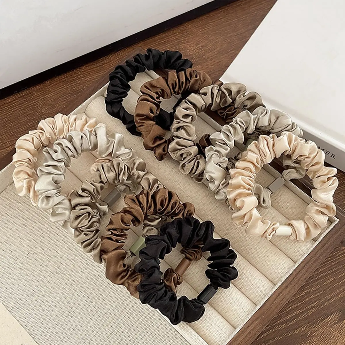 10 count Women Classic Hair Ties,Small Silk Satin Sruchies for Women Girls,Elastic Hair Bands for Ponytail Holder,Neutral Colors Collection, Black Brown Coffee