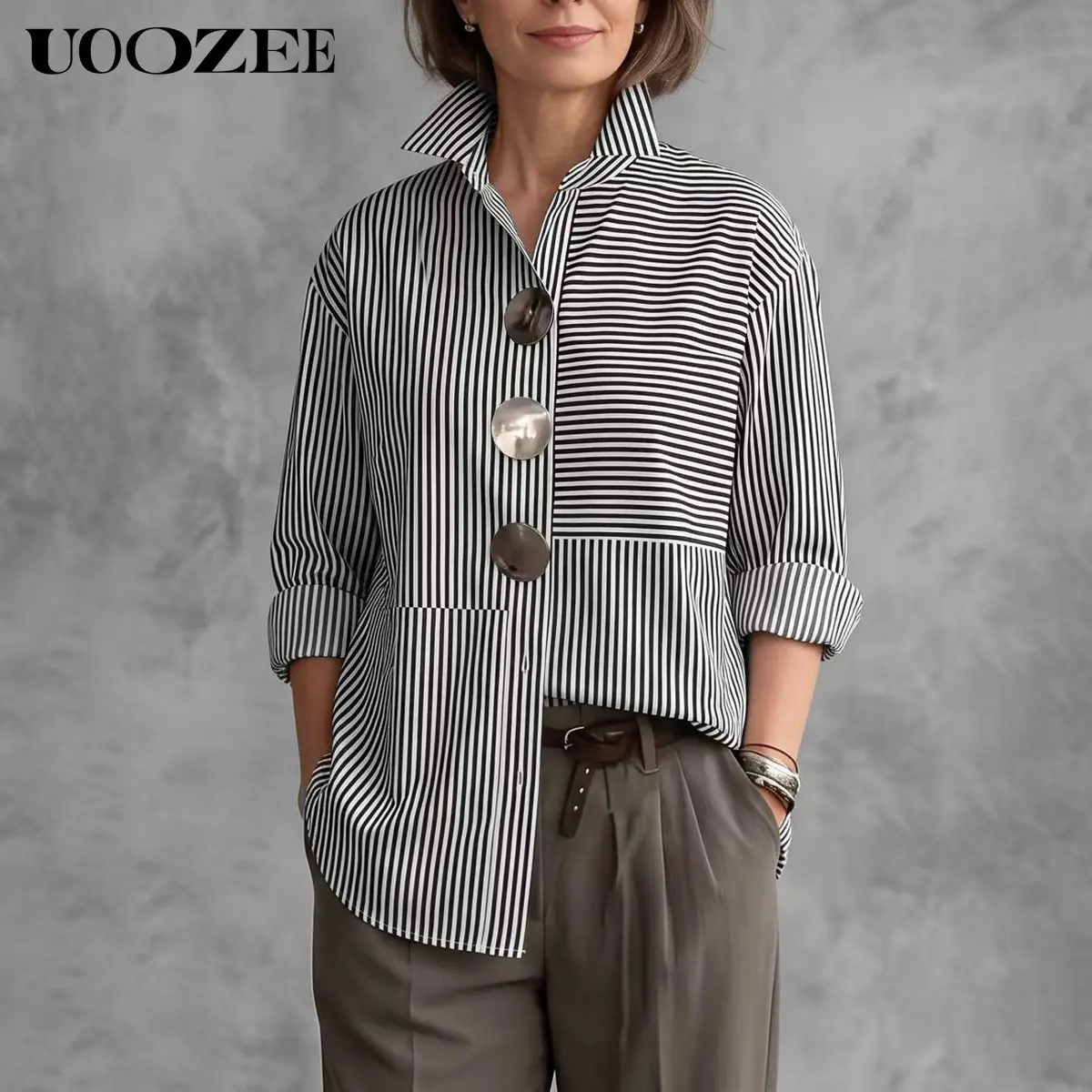 UOOZEE Women's 100% Polyester Patchwork Striped Loose Oversized Button Down Shirt, Removable Metal Pin Decor Split-Joint Long Sleeve Blouse, Non-Stretch Asymmetric High Low Hem Top For Spring Summer Fall, Size Down 1 For Slim Petite Figures, Lightweight,,