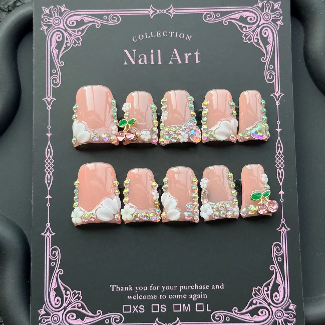 Y2K 10-Piece Nude Nail Stickers, 3D Cherry Blossom Rhinestone False Nails, Glossy Square Reusable Manicure Stickers for Women