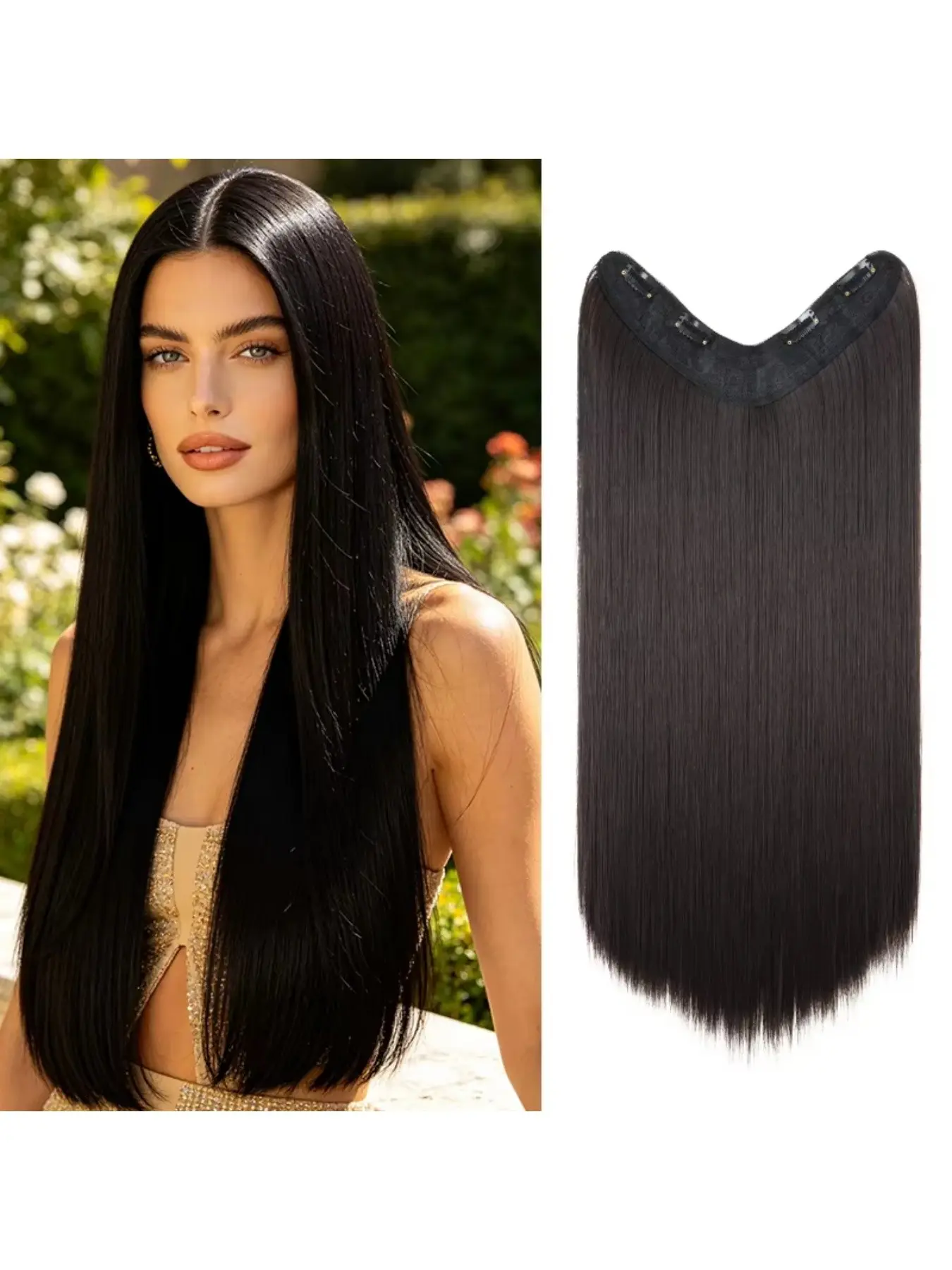 24-Inch Long Straight One-Piece Synthetic Hair Extension with 4 Clips – Clip On Hairpieces, Invisible, Silky, and Suitable for Women's Daily Wear