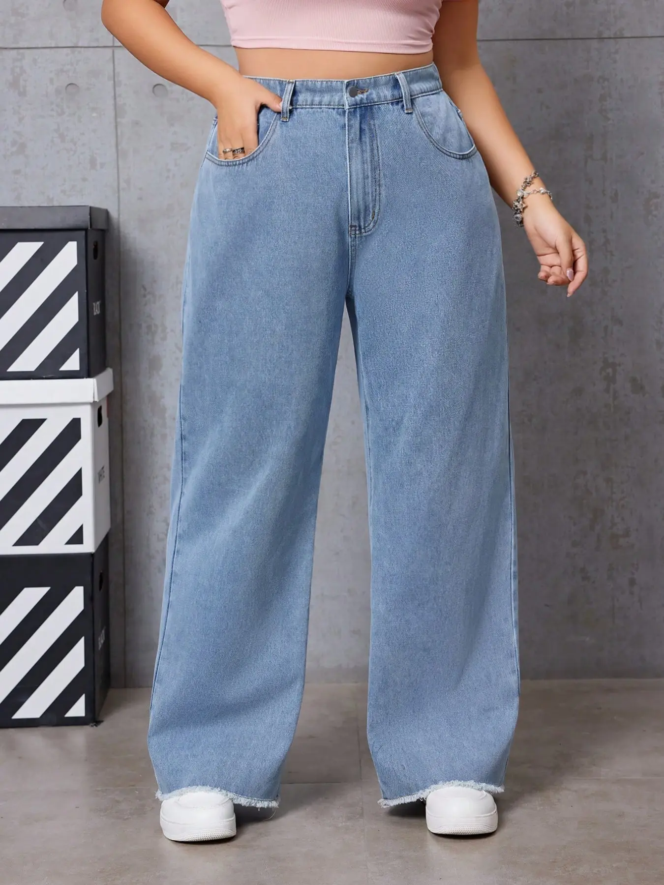 Plus Size Washed Edge Baggy Wide Leg Denim Jeans, High Waist Casual Pants, Comfortable and Stylish, Fashion, Perfect for Everyday Wear