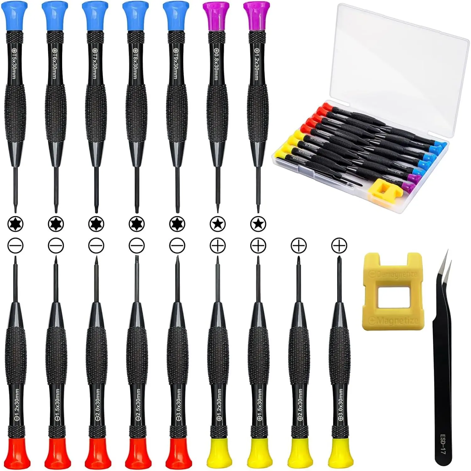 18count Mini Precision Screwdriver Set With Case, Magnetic Small Flathead Phillips Pentalobe Torx Star Screwdriver Set Kit and Tweezers for Repairing Computer Eyeglass Phone Watch