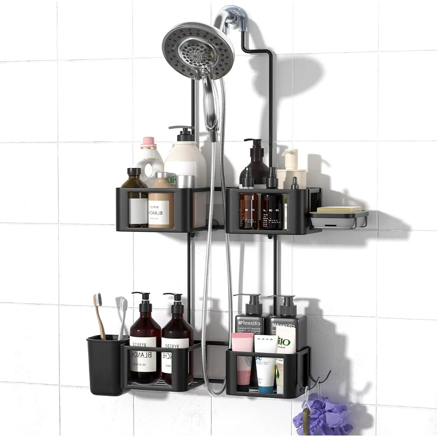 Hanging Shower Caddy for Handheld Showerheads, Anti-Swing Overhead ShowerCaddy with Removable Hooks & Holders for Razor, Sponge, Soap & Toothbrush, Stainless Steel, Black