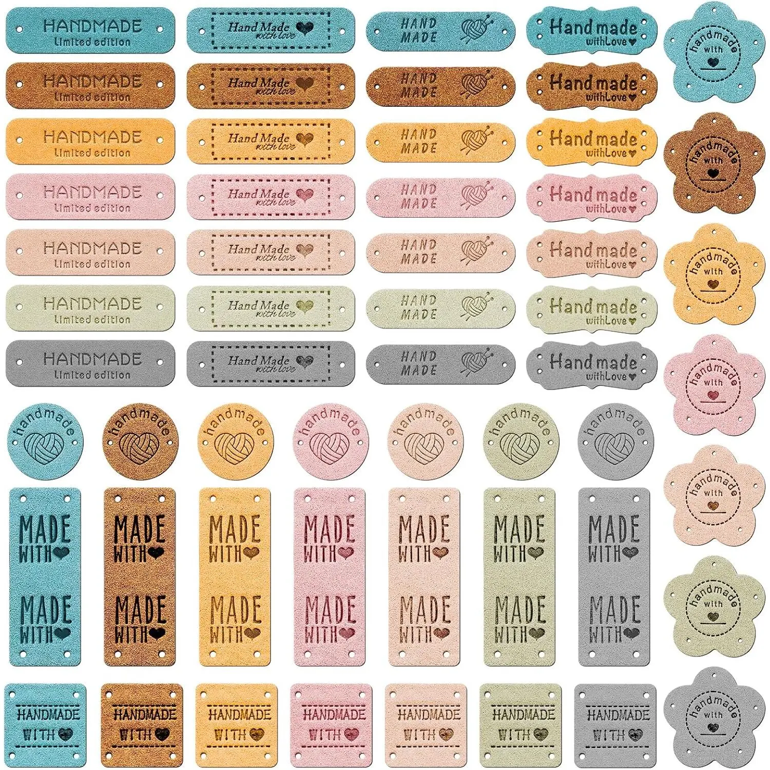 Leather Labels, 56 count  Leather Labels for Crochet, Artificial Colorful Leather Labels with Love Hearts for  Items Embossed Sew  Tag Crochet Knit DIY Jeans Bags Shoes Hat