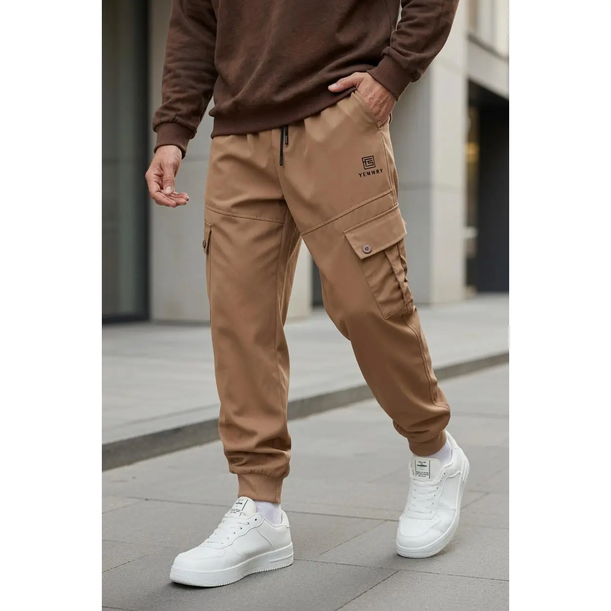 Men's Quick-Drying Cargo Pants - Lightweight Polyester, Solid Plain, Loose Fit Workwear, Elastic Waist with Drawstring, Large Button Side Pocketted, Breathable Durable, Machine Washable, Below Ankle, for Outdoor Use, Outdoors, Quick-Drying Men's Pants
