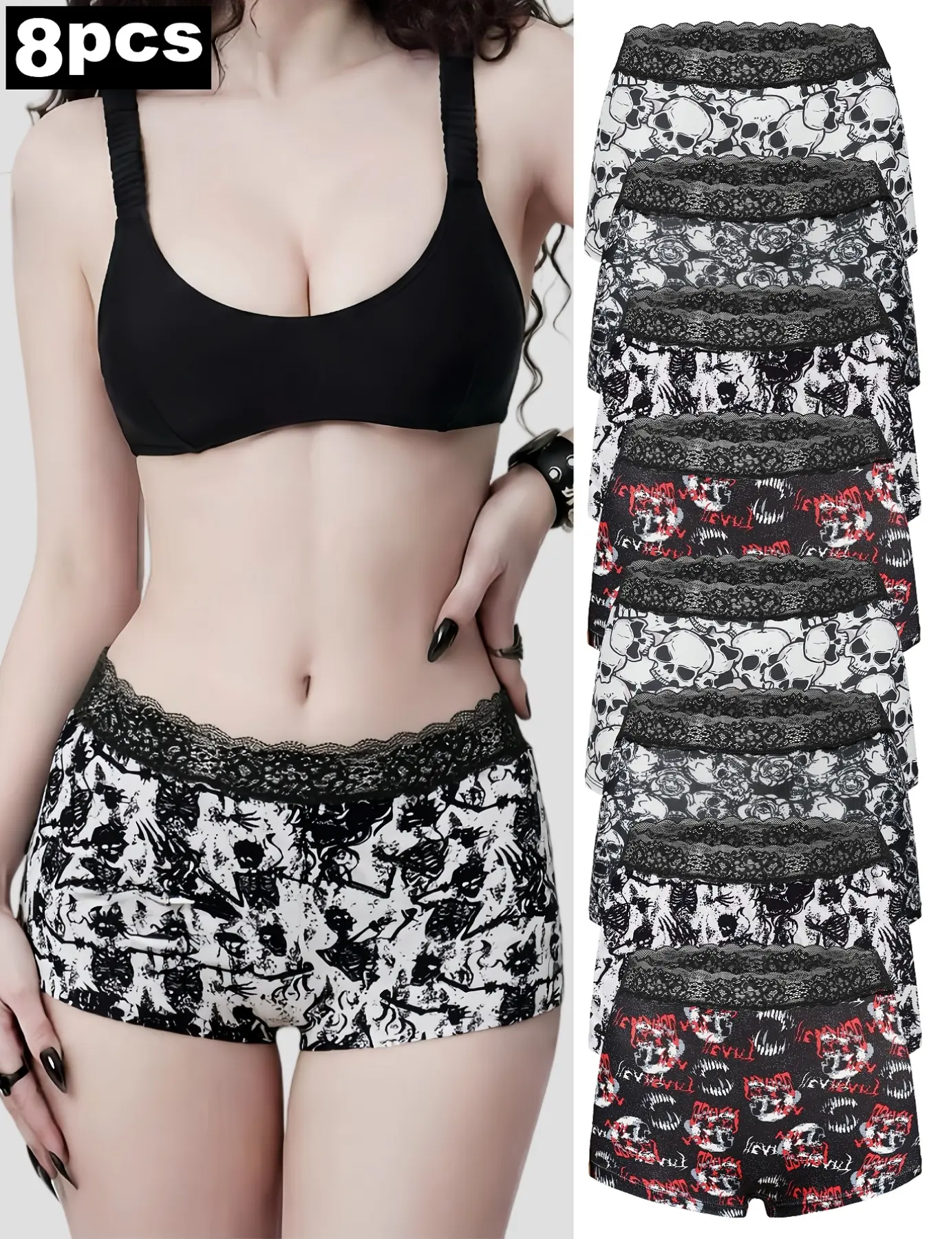 8-Pack Halloween Skull Print Women Boyshort Underwear Casual Panties, Lace Trim High Stretch Gothic Spooky Pattern Ladies Boxer Briefs Alt Girl Everyday Underwear Set