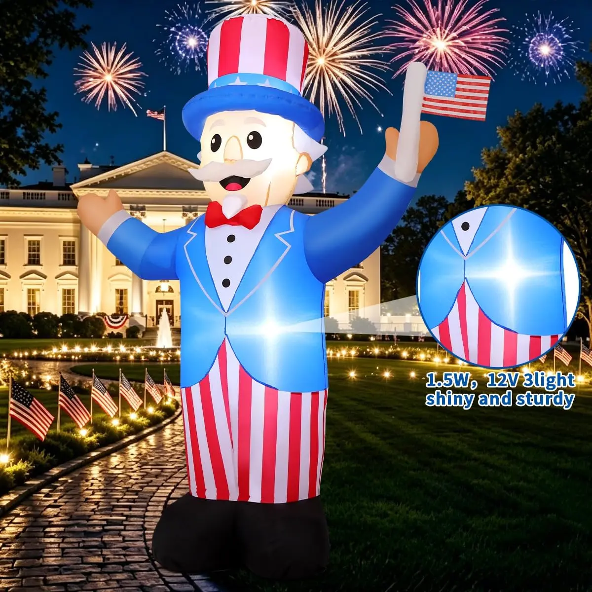 7.2 FT 4th of July Patriotic Inflatable Decorations, Uncle Sam Waving Flag Blow Up Yard Decor with Built-in LED Lights for Independence Day Outdoor Lawn Garden Party