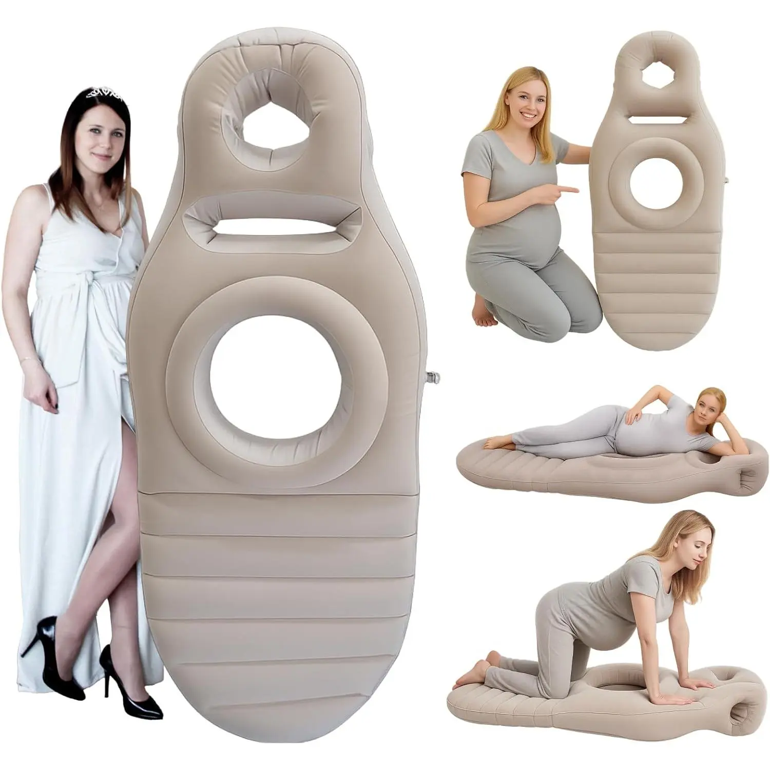 Inflatable Pregnancy Pillow with Belly Hole, Full Body Maternity Air Mattress for Stomach Resting, for Belly, Back and Hips, Pregnancy Float for Pool and Travel(Khaki)