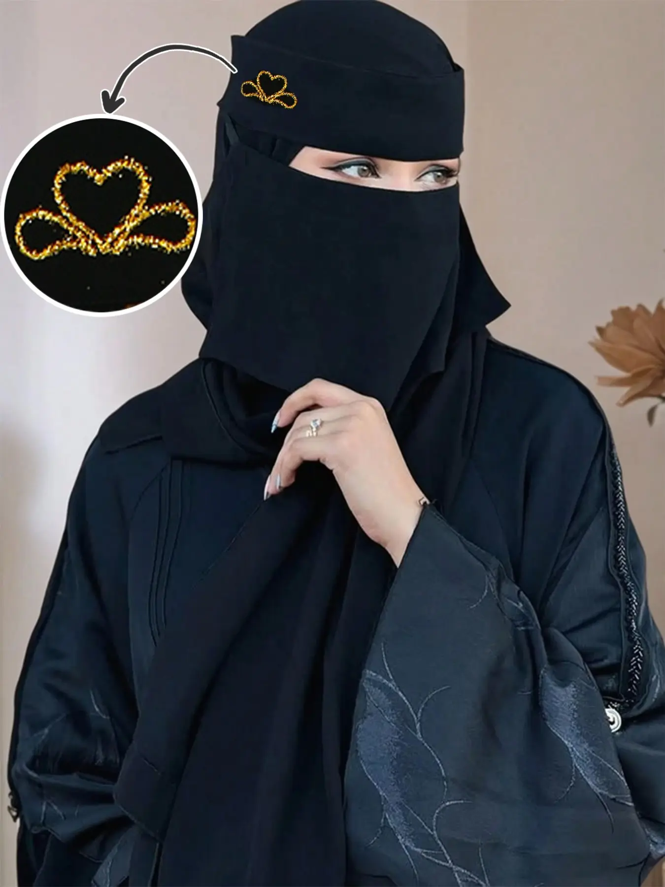 Luxury Heart Gold Leaf Islamic Veil, Pure Niqab Scarf, Single Layer, Lightweight, Breathability, Elegant Casual Style, Ideal for Prayer and Muslim Women Gifts