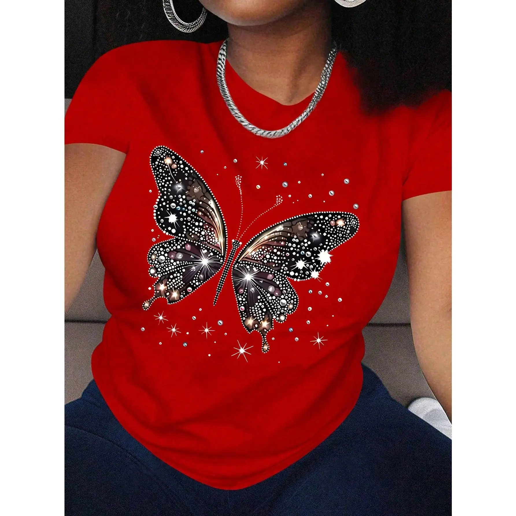 Plus Size Rhinestone Tshirt - Casual Geometric All-Over Print, Regular Fit Short-Sleeve Round Neck Sport Top, Elastane-Polyester Blend Stretch Fabric, Night Out Wear