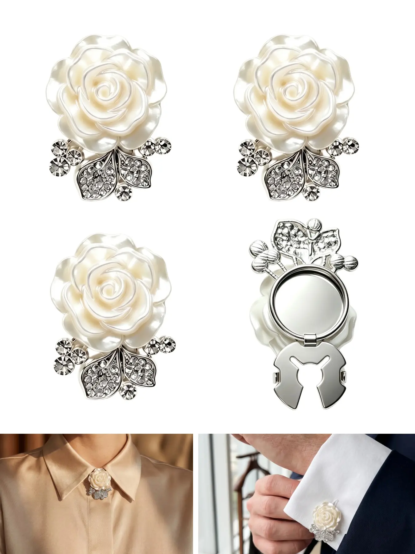4PCS Rose Flower Button Covers, Rhinestone Cuff Button Covers, Detachable Reusable Shirt Button Accessories for Women Men, DIY Clothing Decoration for Shirts, Skirts, Trousers and Suits