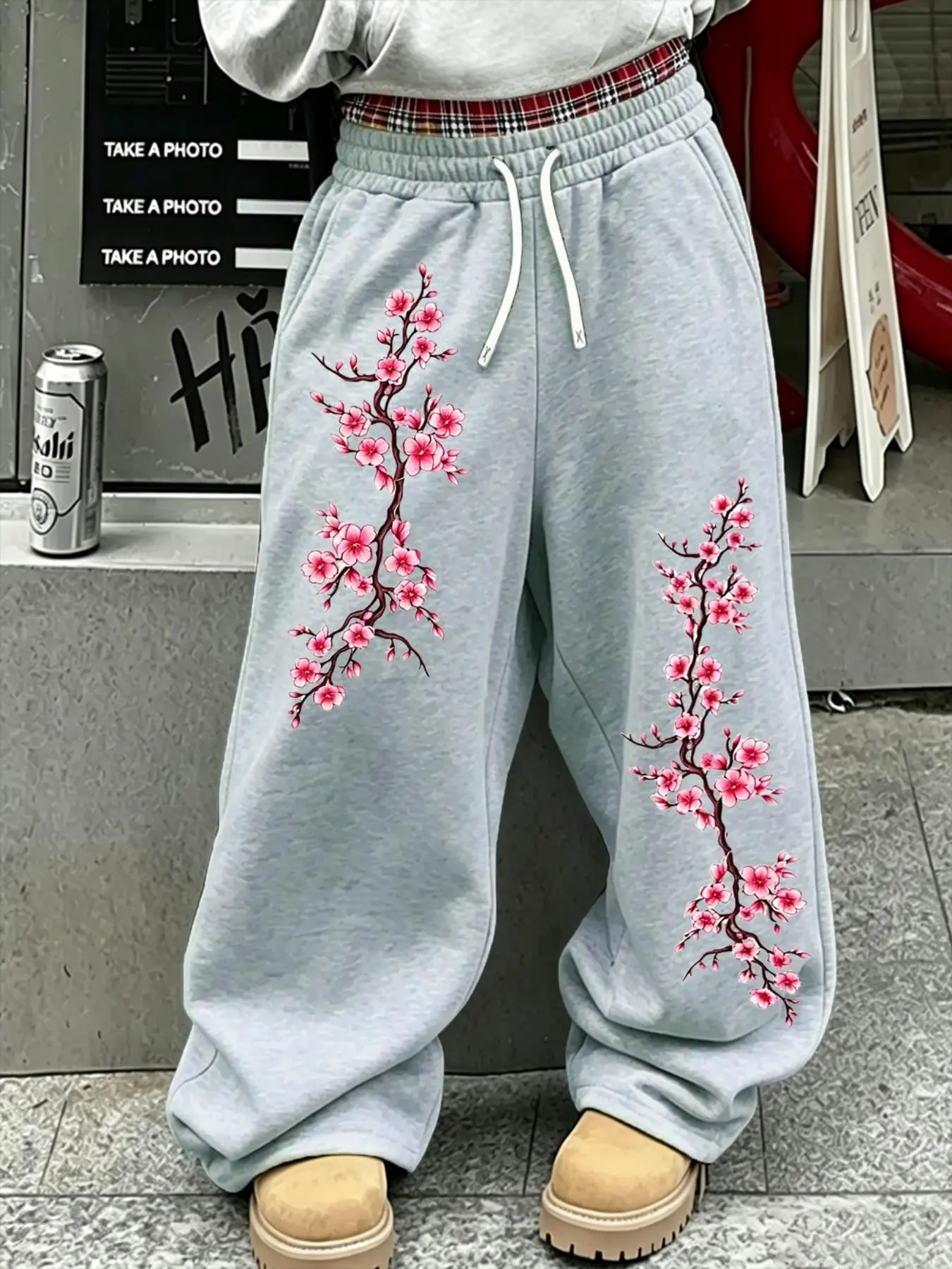 American Vintage Plaid Waist Patch Wide Leg Sweatpants, Cherry Blossom Print Loose Straight Pants, Y2K Street Hip Hop Casual Pants, Unisex Couple Wear