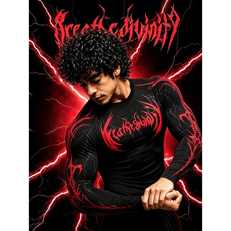 Men's Gothic Thorn Graphic Long-Sleeve Compression Shirt, High-Stretch Quick-Dry Breathable Moisture-Wicking Slim-Fit Athletic Top for Running, Gym Training & Weightlifting, Long Sleeve Shirt, Fitness Apparel, Gym Clothes Men, Intense Training, Gym Sports