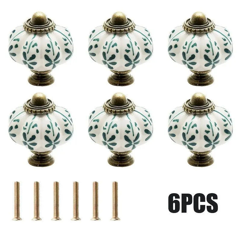 Ivory and Pumpkin Knobs, 6 Ceramic Cabinet Handles, Vintage Drawer Pulls, Antique Vanity Hardware with Screws, Floral Design
