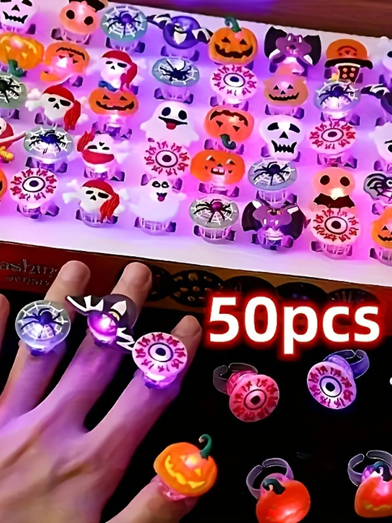 50pcs Halloween Themed LED Light Up Ring, Battery Powered Glow in The Dark Rings, Halloween Party Favors for Kids, Fashion Jewelry Accessories for Party, Festival, Holiday