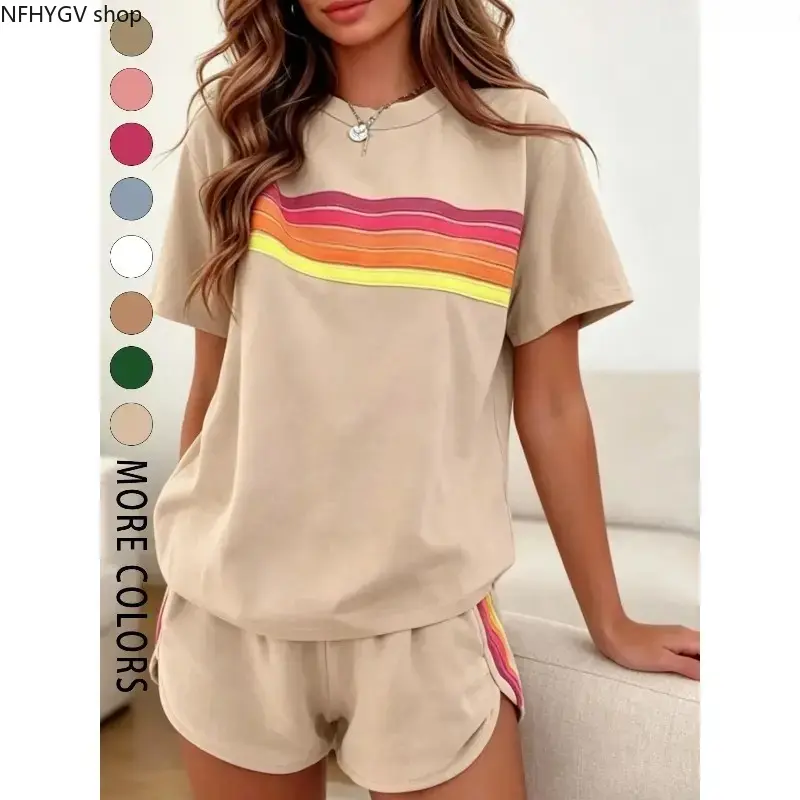 2026 Two-Piece Women's Rainbow Striped Casual Sportswear Set, Comfy Breathable Athleisure Activewear Matching Outfit, Trendy Ladies Tracksuit Perfect For Summer Vacations Indoor And Outdoor Daily Leisure Wear