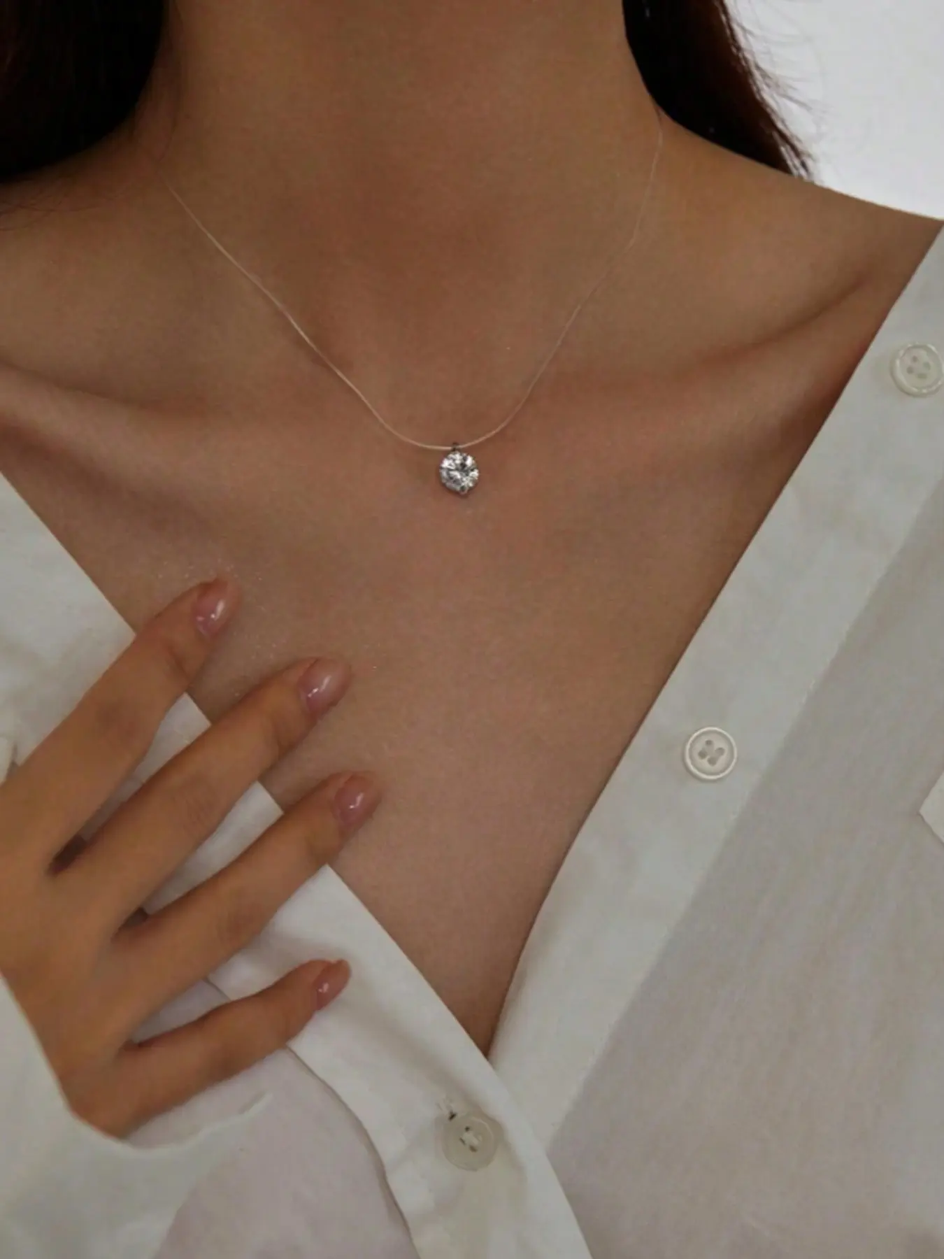 Invisible Fish Line Cz Diamond Pendant Necklace, Transparent Illusion Zinc Alloy Chain, Minimalist Design, Sheer Invisible String, Delicate Everyday Jewelry, Dainty Necklace, Unisex Appeal