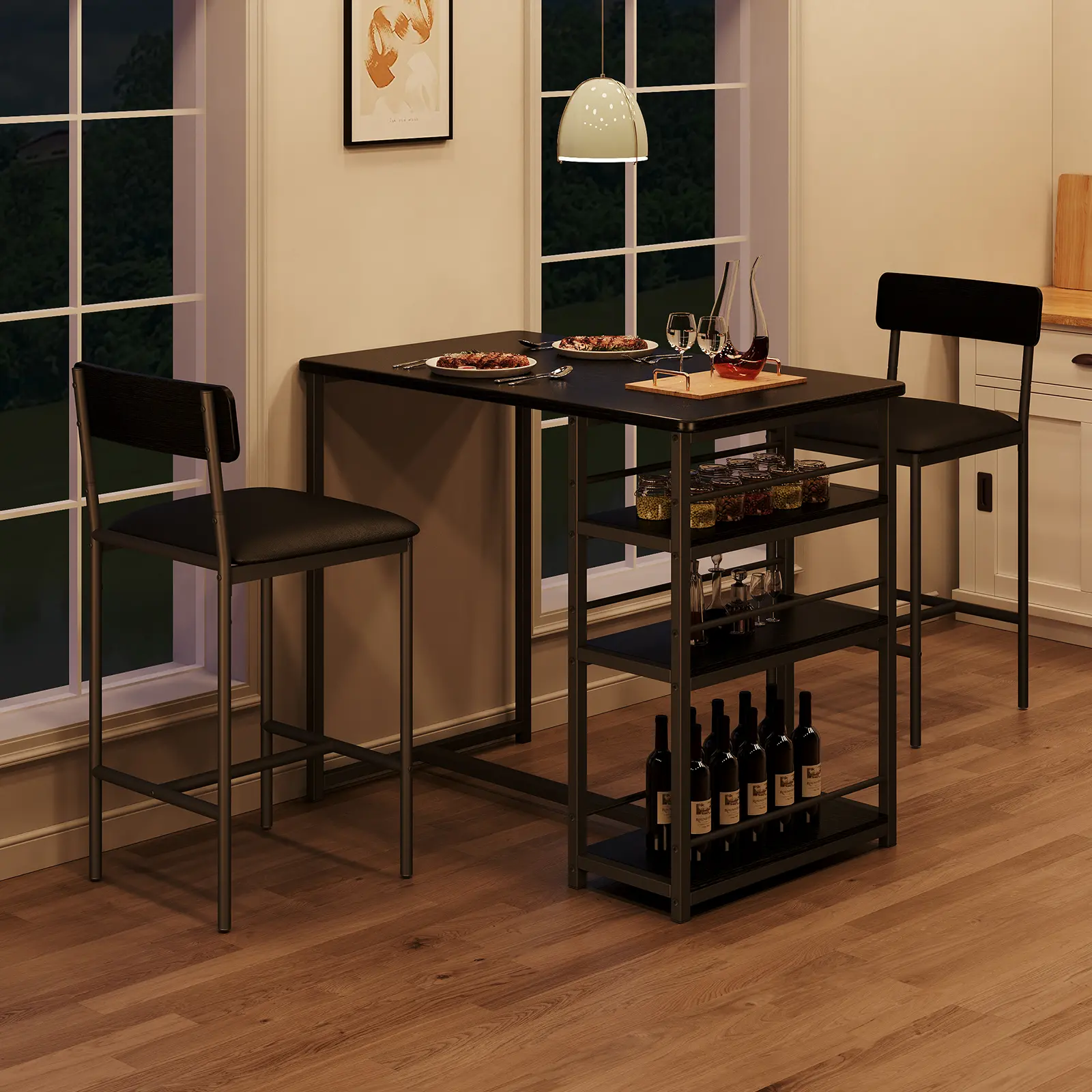 Space-Saving Dining Table Set for 2 with 3 Large Storage Shelves – Upholstered Chairs – Modern Bar Table, Ideal for Small Kitchens, Breakfast Nooks, Apartments