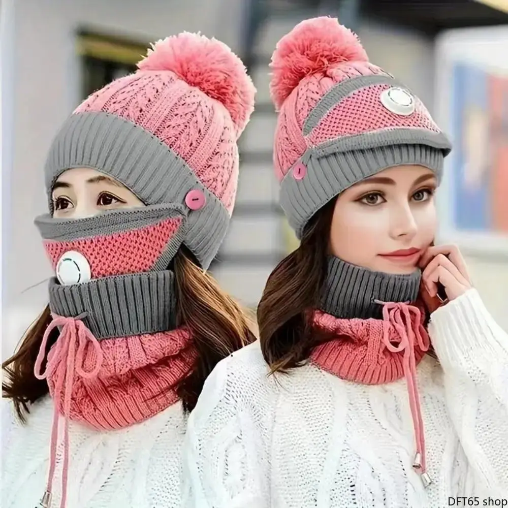 Three Piece Winter Warm Accessory Set Includes Knitted Beanie Neck Scarf And Face Mask Soft Fleece Inner Lining Full Ear Wind Protection Elastic Comfort Fit For Women Outdoor Travel Cycling Cold Resistant Daily Warm Outfit Kit