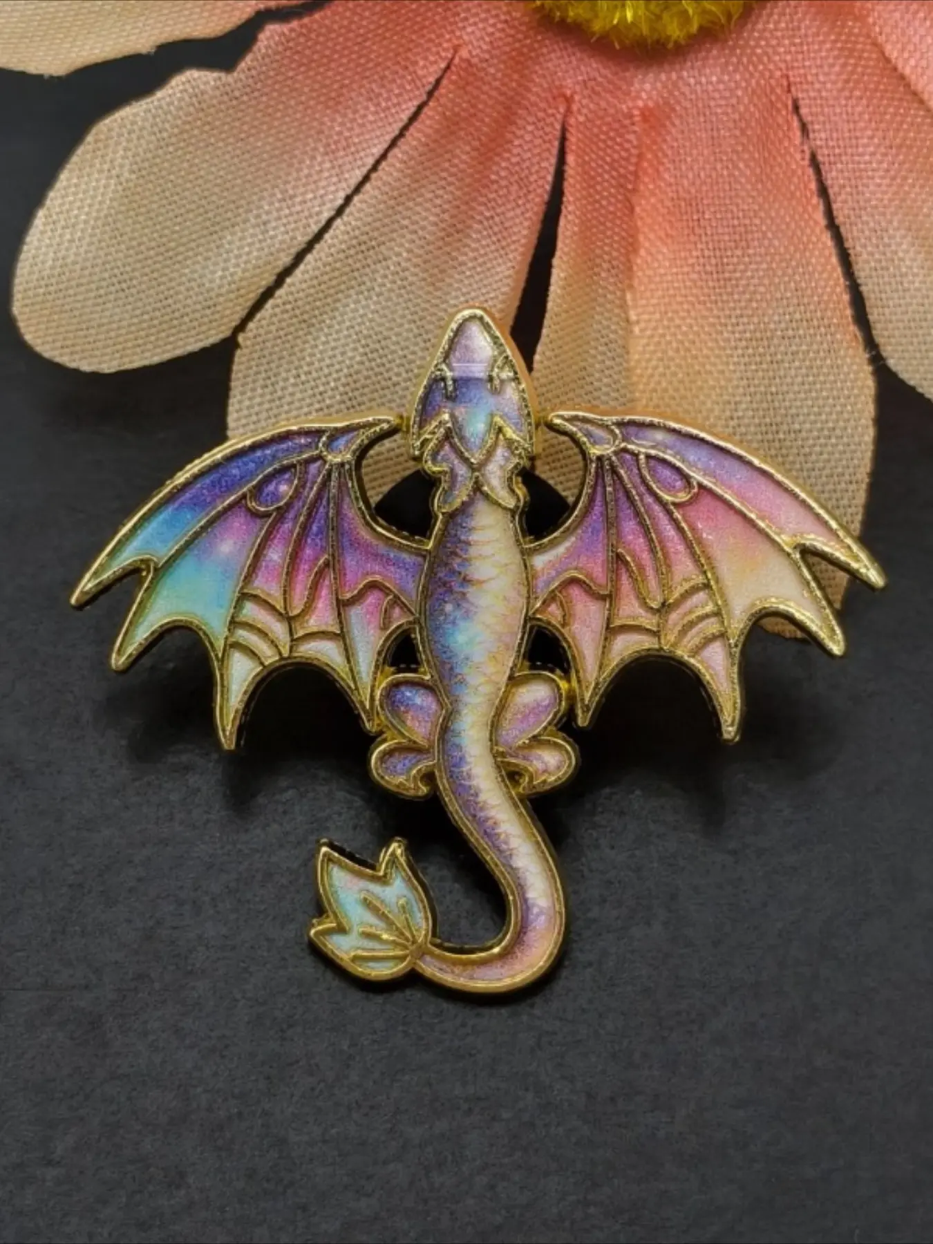 Holographic Rainbow Dragon Enamel Pin, Fantasy Winged Dragon Elegant Brooch with Gold Trim, Magical Mythical Creature Fashion Lapel Pin, Backpack Jacket Badge, Whimsical Dragon Lover Exquisite Jewelry Gift, Enamel Lapel Pins