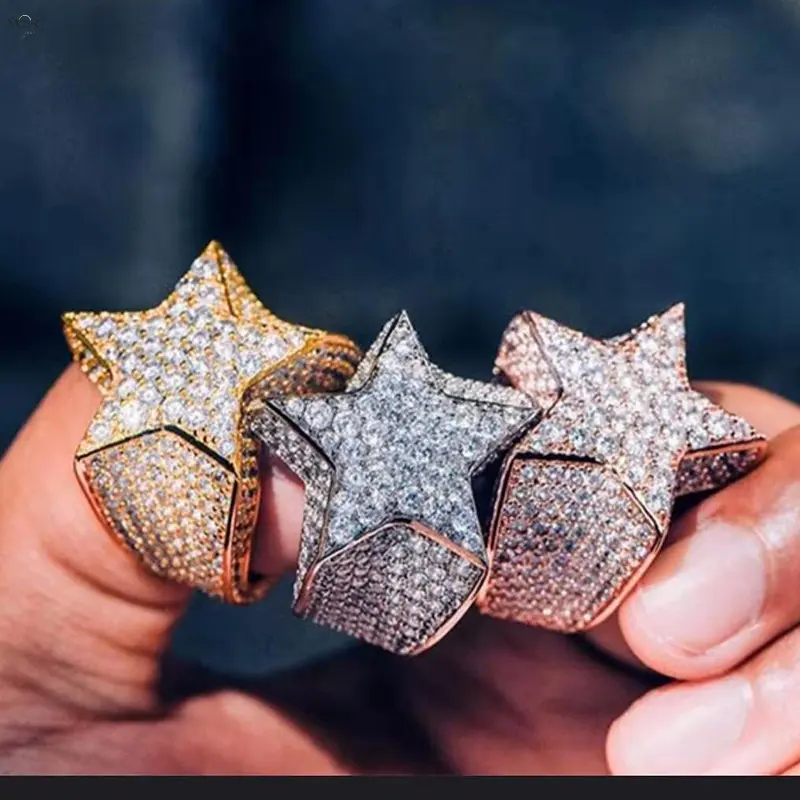 3 Colors Iced Out Full Paved Star Hip Hop Ring Wide Heavy Band Cubic Zirconia Bling Five-Pointed Star Statement Ring US Sizes 6-13 Men Women Streetwear Jewelry Gift